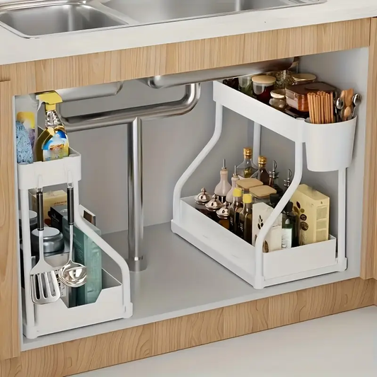 2pcs Under Sink Organizer with Sliding Shelves - Durable Pull-Out Cabinet Organizer for Bathroom & Kitchen