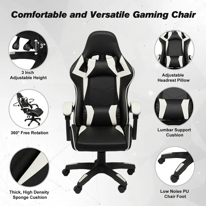 Ergonomic High-Back Gaming Chair with Headrest & Lumbar Support - Adjustable, Reclining Faux Leather Office Desk Chair on Wheels, Sleek Black & White Design