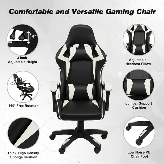 Ergonomic High-Back Gaming Chair with Headrest & Lumbar Support - Adjustable, Reclining Faux Leather Office Desk Chair on Wheels, Sleek Black & White Design