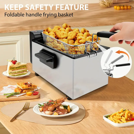 SUSTEAS Electric Deep Fryer with Basket - 1500W Heavy-Duty, Precise Temperature Control (Up to 374°F), Keep Oil Warm Function