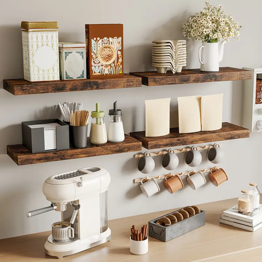 TOMNK 4/8pcs 15.8in Floating Shelves for Wall, Rustic Finish Wall Shelves, Shelves for Wall Decor, with Invisible Brackets for Home Decor, Wall Dresser, Bathroom, Living Room