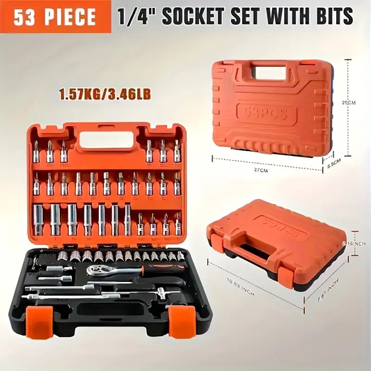 53pcs Advanced Car Repair Tool Set, Bicycle And Motorcycle Repair Tool Set, Compact And Portable, Multifunctional Solution, 1/4 Inch Drive with Ratchet Wrench And Various Sockets